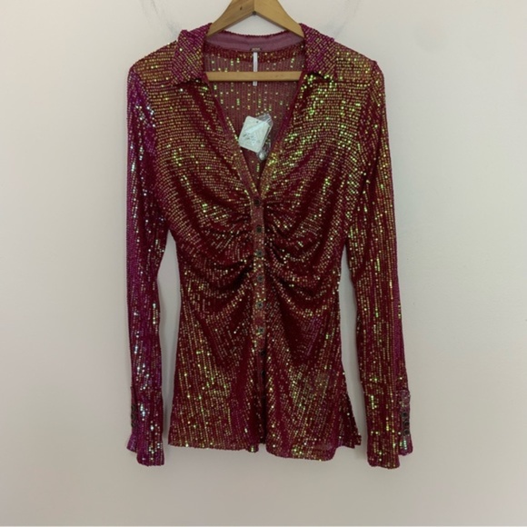 NWT New Free People Magenta Sequin Long Sleeve Button Down Shirtee Top Size XS - Picture 3 of 6